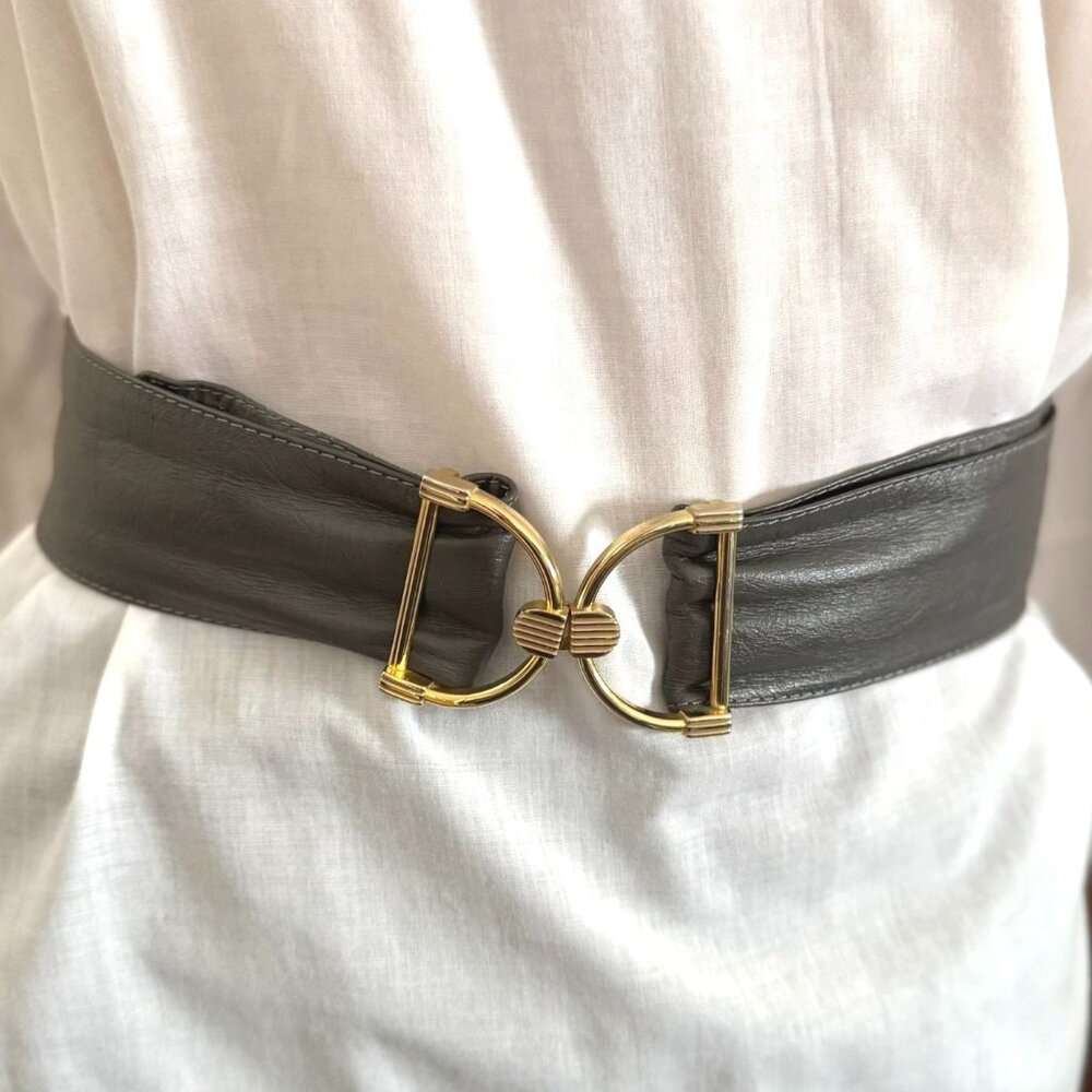 Vintage Genuine Leather Gray Belt With Gold-Tone Buckle Made In Brazil Size M